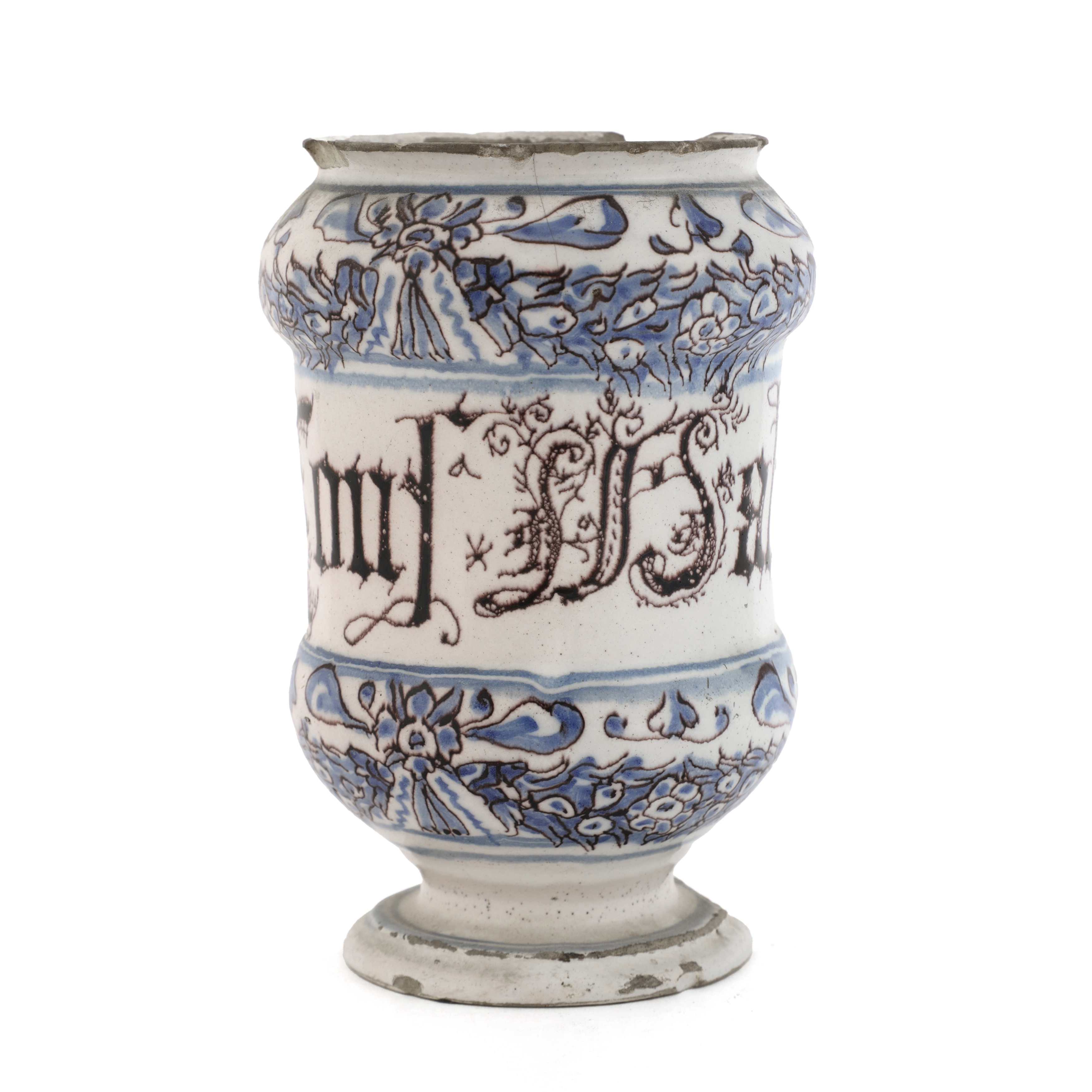 An Italian blue and white tin-glazed drug jar, 18th century